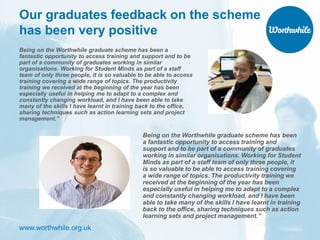 www.worthwhile.org.uk
Our graduates feedback on the scheme
has been very positive
Being on the Worthwhile graduate scheme has been a
fantastic opportunity to access training and support and to be
part of a community of graduates working in similar
organisations. Working for Student Minds as part of a staff
team of only three people, it is so valuable to be able to access
training covering a wide range of topics. The productivity
training we received at the beginning of the year has been
especially useful in helping me to adapt to a complex and
constantly changing workload, and I have been able to take
many of the skills I have learnt in training back to the office,
sharing techniques such as action learning sets and project
management.”
Being on the Worthwhile graduate scheme has been
a fantastic opportunity to access training and
support and to be part of a community of graduates
working in similar organisations. Working for Student
Minds as part of a staff team of only three people, it
is so valuable to be able to access training covering
a wide range of topics. The productivity training we
received at the beginning of the year has been
especially useful in helping me to adapt to a complex
and constantly changing workload, and I have been
able to take many of the skills I have learnt in training
back to the office, sharing techniques such as action
learning sets and project management.”
 