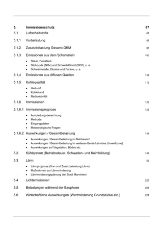 5.      Immissionsschutz                                                             87
5.1     Luftschadstoffe                                                              87


5.1.1   Vorbelastung                                                                 87


5.1.2   Zusatzbelastung Gesamt-GKM                                                   87


5.1.3   Emissionen aus dem Schornstein                                               100

        •   Staub, Feinstaub
        •   Stickoxide (NOx) und Schwefeldioxid (SO2), u. a.
        •   Schwermetalle, Dioxine und Furane, u. a.

5.1.4   Emissionen aus diffusen Quellen                                              148


5.1.5   Kohlequalität                                                                112

        •   Herkunft
        •   Kohleband
        •   Radioaktivität

5.1.6   Immissionen                                                                  123


5.1.6.1 Immissionsprognose                                                           123

        •   Ausbreitungsberechnung
        •   Methode
        •   Eingangsdaten
        •   Meteorologische Fragen

5.1.6.2 Auswirkungen / Gesamtbelastung                                               156

        •   Auswirkungen / Gesamtbelastung im Nahbereich
        •   Auswirkungen / Gesamtbelastung im weiteren Bereich (insbes.Umweltzone)
        •   Auswirkungen auf Vegetation, Böden etc.

5.2     Kühlsystem (Betriebsdauer, Schwaden- und Keimbildung)                        141


5.3     Lärm                                                                         53

        •   Lärmprognose (Vor- und Zusatzbelastung Lärm)
        •   Maßnahmen zur Lärmminderung
        •   Lärmminderungsplanung der Stadt Mannheim

5.4     Lichtemissionen                                                              223


5.5     Belastungen während der Bauphase                                             225


5.6     Wirtschaftliche Auswirkungen (Wertminderung Grundstücke etc.)                227
 