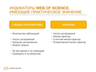 ИНДИКАТОРЫ WEB OF SCIENCE, 
ИМЕЮЩИЕ ПРАКТИЧЕСКОЕ ЗНАЧЕНИЕ 
УЧЕНЫЕ И КОЛЛЕКТИВЫ ЖУРНАЛЫ 
• Количество публикаций 
• Число цитирований 
• Среднее цитирование 
• Индекс Хирша 
• За все время и по периодам 
• Суммарно и по областям 
• Число цитирований 
• Импакт-фактор 
• 5-летний импакт-фактор 
• Оперативный импакт-фактор 
 