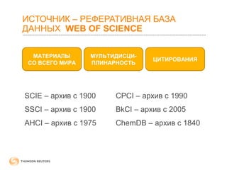 ИСТОЧНИК – РЕФЕРАТИВНАЯ БАЗА 
ДАННЫХ WEB OF SCIENCE 
SCIE – архив с 1900 
SSCI – архив с 1900 
AHCI – архив с 1975 
CPCI – архив с 1990 
BkCI – архив с 2005 
ChemDB – архив с 1840 
МАТЕРИАЛЫ 
СО ВСЕГО МИРА 
МУЛЬТИДИСЦИ- 
ПЛИНАРНОСТЬ ЦИТИРОВАНИЯ 
 