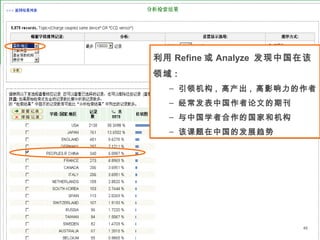 46
利用 Refine 或 Analyze 发现中国在该
领域 :
– 引领机构 , 高产出 , 高影响力的作者
– 经常发表中国作者论文的期刊
– 与中国学者合作的国家和机构
– 该课题在中国的发展趋势
利用 Refine 或 Analyze 发现中国在该
领域 :
– 引领机构 , 高产出 , 高影响力的作者
– 经常发表中国作者论文的期刊
– 与中国学者合作的国家和机构
– 该课题在中国的发展趋势
 