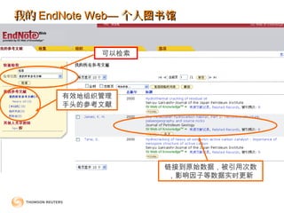 有效地组织管理
手头的参考文献
可以检索
链接到原始数据，被引用次数
，影响因子等数据实时更新
我的我的 EndNote Web—EndNote Web— 个人图书馆个人图书馆
 