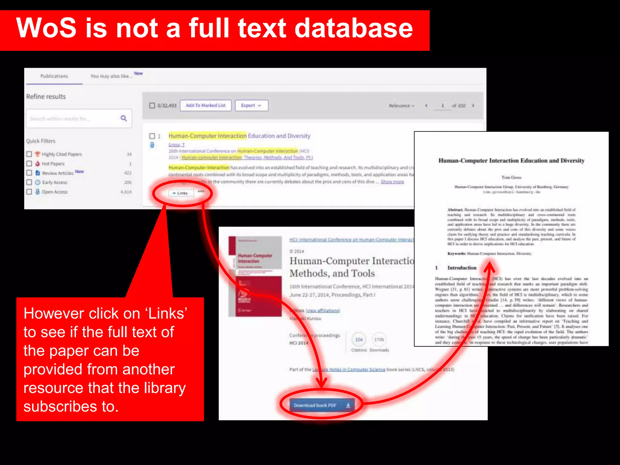 However click on ‘Links’
to see if the full text of
the paper can be
provided from another
resource that the library
subscribes to.
WoS is not a full text database
 