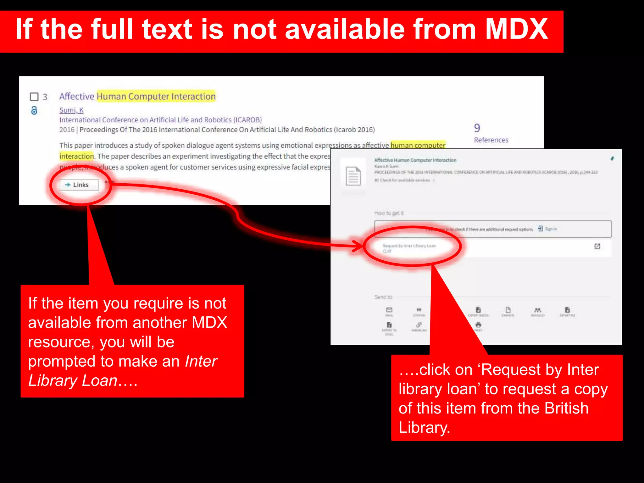 If the item you require is not
available from another MDX
resource, you will be
prompted to make an Inter
Library Loan….
If the full text is not available from MDX
….click on ‘Request by Inter
library loan’ to request a copy
of this item from the British
Library.
 