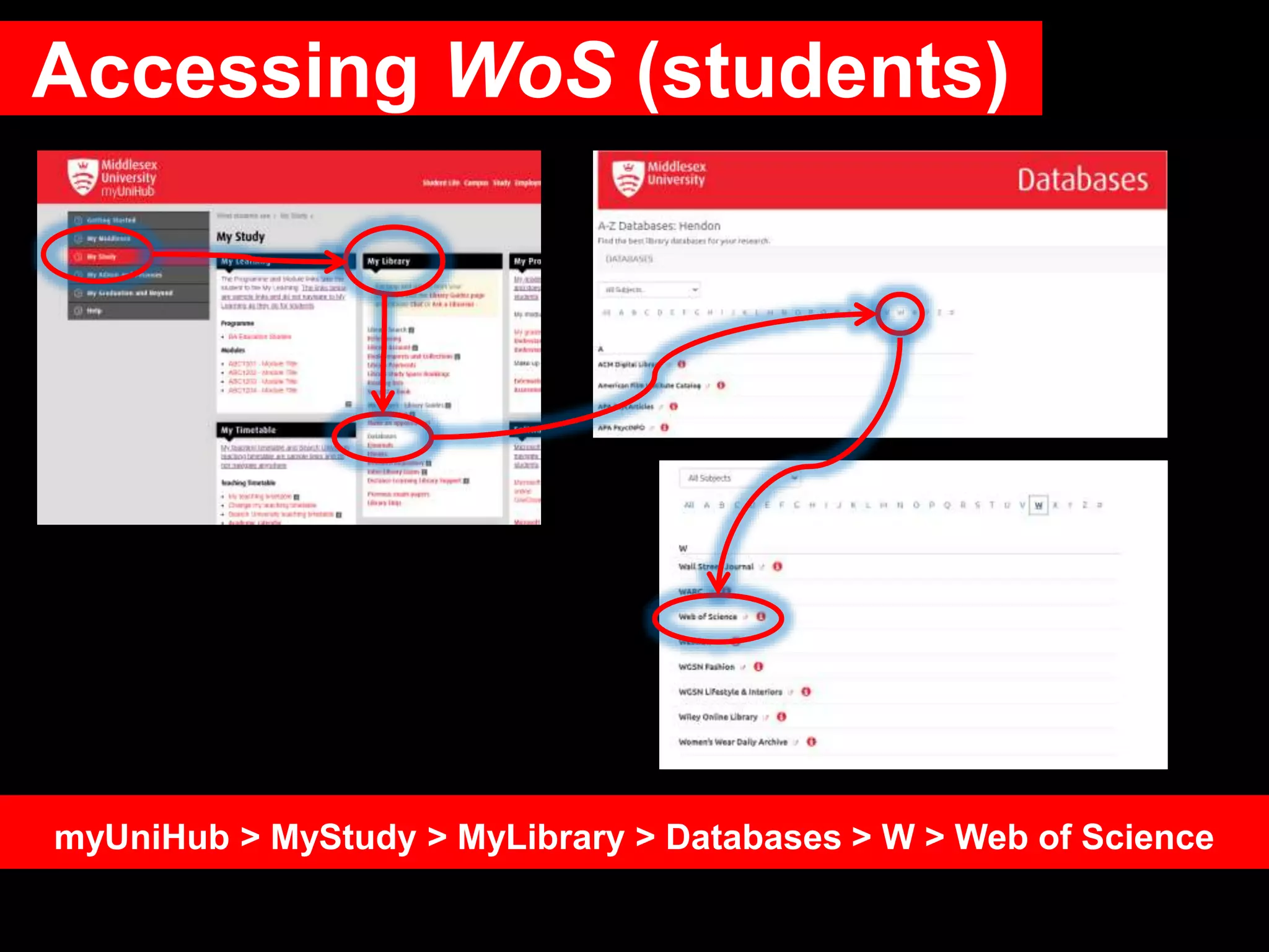 Accessing WoS (students)
myUniHub > MyStudy > MyLibrary > Databases > W > Web of Science
 