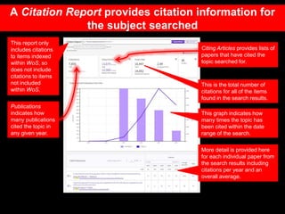 Citing Articles provides lists of
papers that have cited the
topic searched for.
This report only
includes citations
to items indexed
within WoS, so
does not include
citations to items
not included
within WoS.
Publications
indicates how
many publications
cited the topic in
any given year.
This is the total number of
citations for all of the items
found in the search results.
This graph indicates how
many times the topic has
been cited within the date
range of the search.
More detail is provided here
for each individual paper from
the search results including
citations per year and an
overall average.
A Citation Report provides citation information for
the subject searched
 