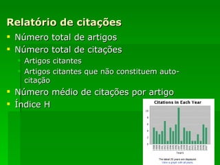 Relatório de citações Número total de artigos Número total de citações Artigos citantes Artigos citantes que não constituem auto-citação Número médio de citações por artigo Índice H 
