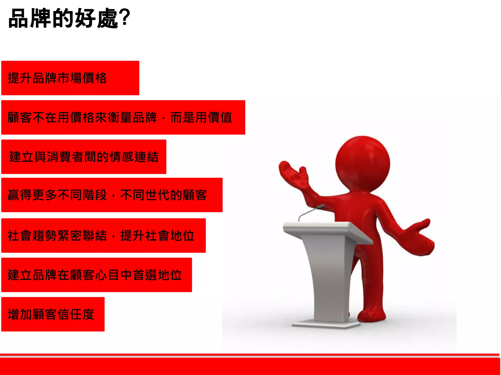 品牌的好處?
建立品牌在顧客心目中首選地位
顧客不在用價格來衡量品牌，而是用價值
建立與消費者間的情感連結
增加顧客信任度
社會趨勢緊密聯結，提升社會地位
贏得更多不同階段，不同世代的顧客
提升品牌市場價格
 
