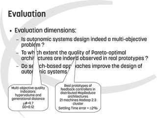    
Evaluation
● Evaluation dimensions:
– Is autonomic systems design indeed a multi-objective
problem ?
– To which extent the quality of Pareto-optimal
architectures are indeed observed in real prototypes ?
– Do search-based approaches improve the design of
autonomic systems ?
Multi-objective quality
indicators:
hypervolume and
generational distance
#=9.7
GD=0.12
Real prototypes of
feedback controllers in
distributed MapReduce
architectures
21 machines Hadoop 2.3
cluster
Settling Time error = 2%
 