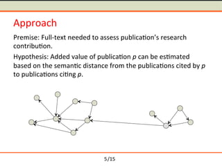 /15	
Approach	
Premise:	Full-text	needed	to	assess	publica-ons	research	
contribu-on.	
Hypothesis:	Added	value	of	publica-on	p	can	be	es-mated	
based	on	the	seman-c	distance	from	the	publica-ons	cited	by	p	
to	publica-ons	ci-ng	p.	
	
	
	
	
5