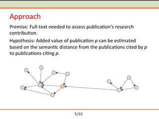 /15	
Approach	
Premise:	Full-text	needed	to	assess	publica-ons	research	
contribu-on.	
Hypothesis:	Added	value	of	publica-on	p	can	be	es-mated	
based	on	the	seman-c	distance	from	the	publica-ons	cited	by	p	
to	publica-ons	ci-ng	p.	
	
	
	
	
5