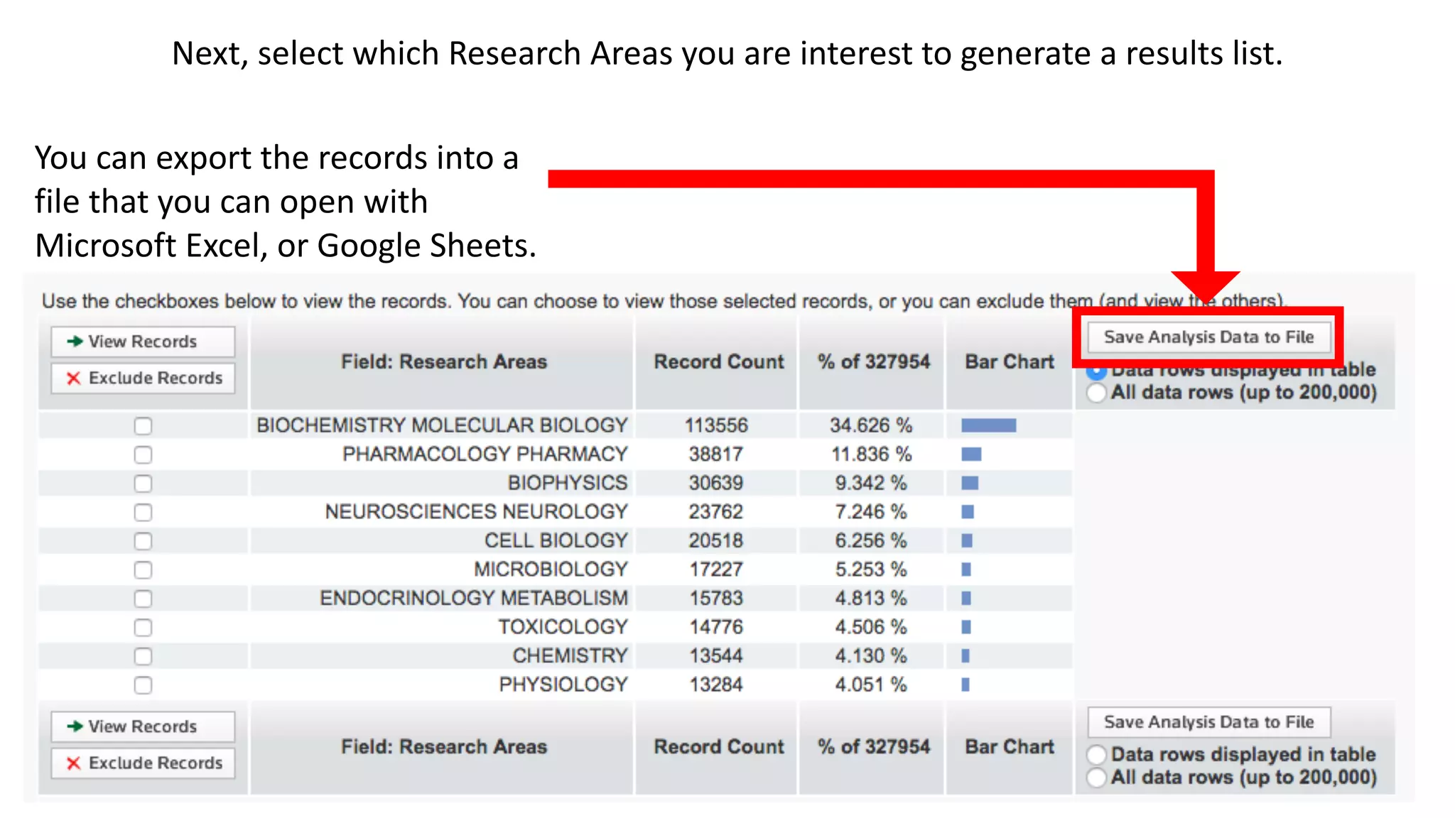 Next,	select	which	Research	Areas	you	are	interest	to	generate	a	results	list.
You	can	export	the	records	into	a	
file	that	you	can	open	with	
Microsoft	Excel,	or	Google	Sheets.
 