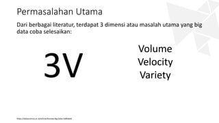 Permasalahan Utama
Dari berbagai literatur, terdapat 3 dimensi atau masalah utama yang big
data coba selesaikan:
https://datascience.or.id/article/Konsep-Big-Data-5a8fa6e6
3V
Volume
Velocity
Variety
 