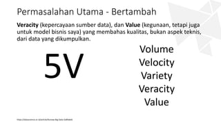 Permasalahan Utama - Bertambah
Veracity (kepercayaan sumber data), dan Value (kegunaan, tetapi juga
untuk model bisnis saya) yang membahas kualitas, bukan aspek teknis,
dari data yang dikumpulkan.
https://datascience.or.id/article/Konsep-Big-Data-5a8fa6e6
5V
Volume
Velocity
Variety
Veracity
Value
 