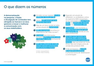O que dizem os números

A democratização                   As redes sociais registam 1,5 mil    Segundo um estudo da
na pesquisa, criação               milhões de visitas por dia (1);      eMarketer, os vendedores online
e divulgação de conteúdos tem                                           do segmento B2B concentram-
                                   Destes, 50% associam-se às           se na capacidade de gerar leads
obrigado as marcas e os seus       páginas das marcas (2);              (38%) , na retenção de clientes
gestores a inovar e melhorar                                            (34%) e no awareness (28%).
                                   Mais de um terço acede às redes
a comunicação com
                                   sociais através de smartphone (2);    O LinkedIn é, de momento, a
os seus stakeholders.
                                    98% dos europeus reconhece a        plataforma mais popular para
                                   importância das redes sociais(2);    o segmento B2B , devido ao seu
                                                                        cariz profissional;
                                    A maioria dos internautas
                       7%          europeus define a Internet como       As redes sociais ajudam as
                                   o meio mais credível na busca de     empresas B2B a estabelecer
           0,7%             17%
                                   informação;                          relacionamento com potenciais
                                                                        clientes , algo que pode ser muito
                             77%    36% dos utilizadores de redes
                                   sociais colocam comentários
                                                                        eficaz, face aos longos ciclos de
                                                                        vendas dos produtos B2B;
                                   sobre produtos e marcas (2);
                                                                        E não se esqueça: a partilha
                                   (1) Fonte: Universal McCann.         de experiências positivas
                                   (2) Fonte: InSites Consulting.       é uma boa forma de “desbloquear
                                                                        a conversação”.



© 2012 Copyright WOT
 