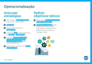 Operacionalização
Articular                                 Definir
estratégias                               objetivos táticos
      Monitorizar e avaliar estratégias    Saber qual a tática que permitirá
      (não “como”, mas “o quê”).           cumprir cada objetivo.

      Segurança.                           Diversificar e conjugar: estar
                                           presente nas redes sociais
      Informações internas e               não consiste em adotar uma
      engagement.                          plataforma única mas em
      Cadeia de valor / informação para    conjugar várias.
      os públicos / engagement.

      Valores e mensagens para o                           5º
      presente, futuro e possível                    3º
      caminho de migração para                2º          4º        6º
      novas plataformas.

      Saber quem conversa com quem,
                                                    1º         7º
      quando e onde.




© 2012 Copyright WOT
 