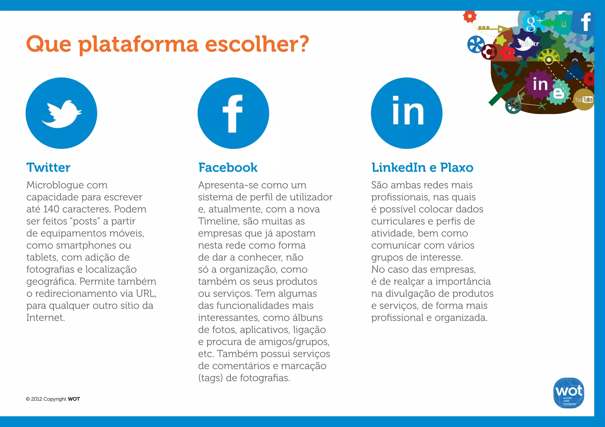 Que plataforma escolher?




Twitter                        Facebook                          LinkedIn e Plaxo
Microblogue com                Apresenta-se como um              São ambas redes mais
capacidade para escrever       sistema de perfil de utilizador   profissionais, nas quais
até 140 caracteres. Podem      e, atualmente, com a nova         é possível colocar dados
ser feitos “posts” a partir    Timeline, são muitas as           curriculares e perfis de
de equipamentos móveis,        empresas que já apostam           atividade, bem como
como smartphones ou            nesta rede como forma             comunicar com vários
tablets, com adição de         de dar a conhecer, não            grupos de interesse.
fotografias e localização      só a organização, como            No caso das empresas,
geográfica. Permite também     também os seus produtos           é de realçar a importância
o redirecionamento via URL,    ou serviços. Tem algumas          na divulgação de produtos
para qualquer outro sítio da   das funcionalidades mais          e serviços, de forma mais
Internet.                      interessantes, como álbuns        profissional e organizada.
                               de fotos, aplicativos, ligação
                               e procura de amigos/grupos,
                               etc. Também possui serviços
                               de comentários e marcação
                               (tags) de fotografias.
© 2012 Copyright WOT                                                                          social
                                                                                              web
                                                                                              contents
 
