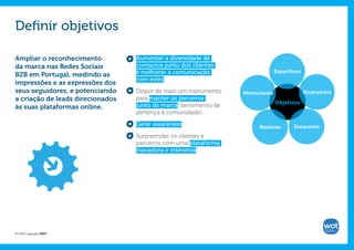 Definir objetivos

Ampliar o reconhecimento          Aumentar a diversidade de
da marca nas Redes Sociais        contactos junto dos clientes
                                  e melhorar a comunicação                      Específicos
B2B em Portugal, medindo as
                                  com estes.
impressões e as expressões dos
seus seguidores, e potenciando    Dispor de mais um instrumento   Mensuráveis                 Alcançáveis
a criação de leads direcionados   para manter os parceiros
                                                                                Objetivos
às suas plataformas online.       junto da marca (sentimento de
                                  pertença à comunidade).

                                  Gerar awareness.                      Realistas       Exequíveis
                                  Surpreender os clientes e
                                  parceiros com uma plataforma
                                  inovadora e interativa.




© 2012 Copyright WOT
 