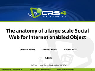 The anatomy of a large scale Social
       Web for Internet enabled Object

                             Antonio Pintus             Davide Carboni               Andrea Piras


                                                             CRS4

                                      WoT 2011 - June 2011 - San Francisco, CA, USA

Antonio Pintus - pintux@crs4.it       Davide Carboni - dcarboni@crs4.it   Andrea Piras - piras@crs4.it   1
 