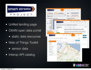 Uniﬁed landing page
CKAN open data portal
static data resources
Web of Things Toolkit
sensor data
Interop API catalog
Thursday, 12 September, 13
 