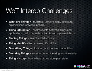 WoT Interop Challenges
What are Things? - buildings, sensors, tags, actuators,
organizations, services, people?
Thing Interaction - communicate between things and
applications, real time; web protocols and representations
Finding Things - search and discovery
Thing Identiﬁcation - names, IDs, URLs
Describing Things - location, environment, capabilities
Securing Things - access control, licensing, conﬁdentiality
Thing History - how, where do we store past state
Thursday, 12 September, 13
 
