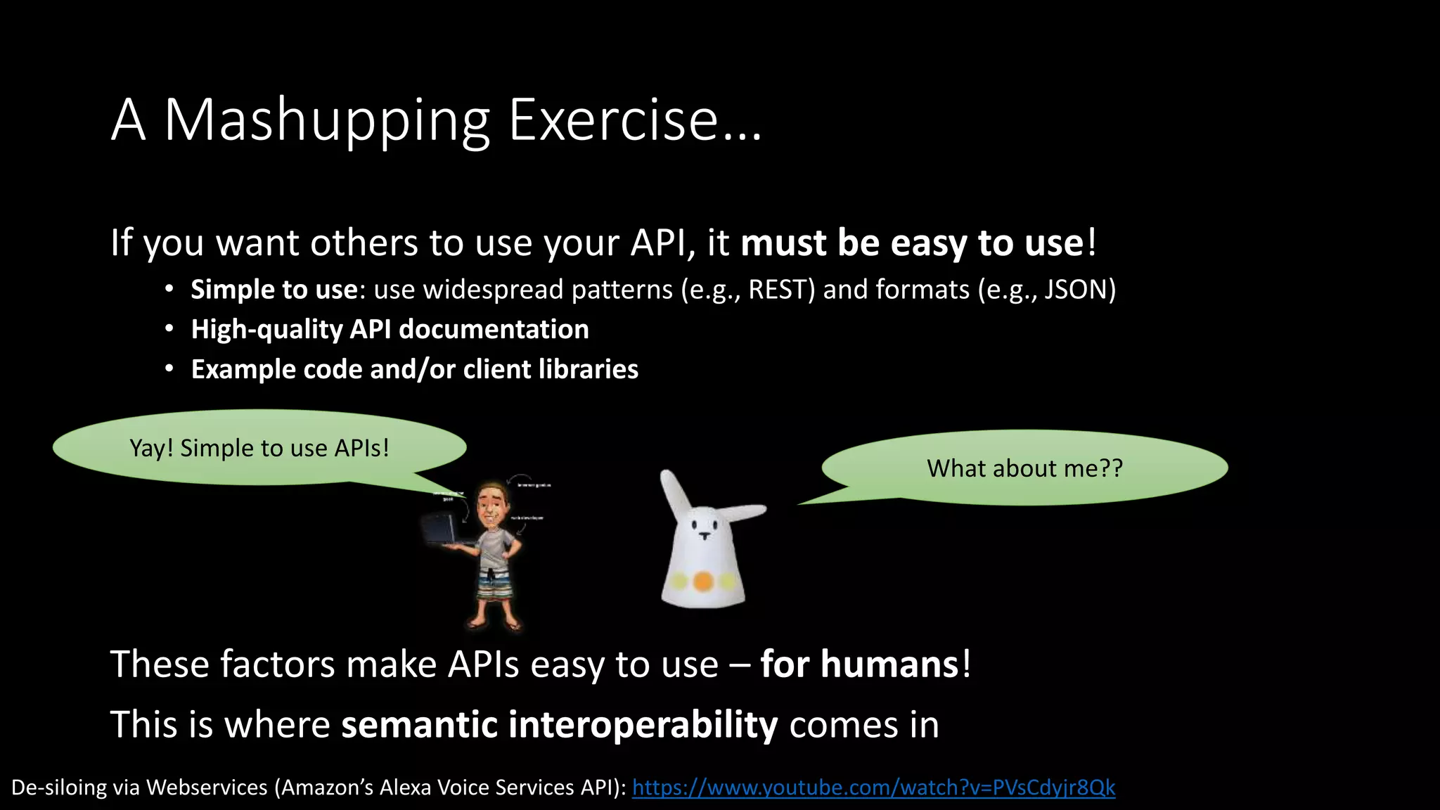 A Mashupping Exercise…
If you want others to use your API, it must be easy to use!
• Simple to use: use widespread patterns (e.g., REST) and formats (e.g., JSON)
• High-quality API documentation
• Example code and/or client libraries
These factors make APIs easy to use – for humans!
This is where semantic interoperability comes in
Yay! Simple to use APIs!
What about me??
De-siloing via Webservices (Amazon’s Alexa Voice Services API): https://www.youtube.com/watch?v=PVsCdyjr8Qk
 