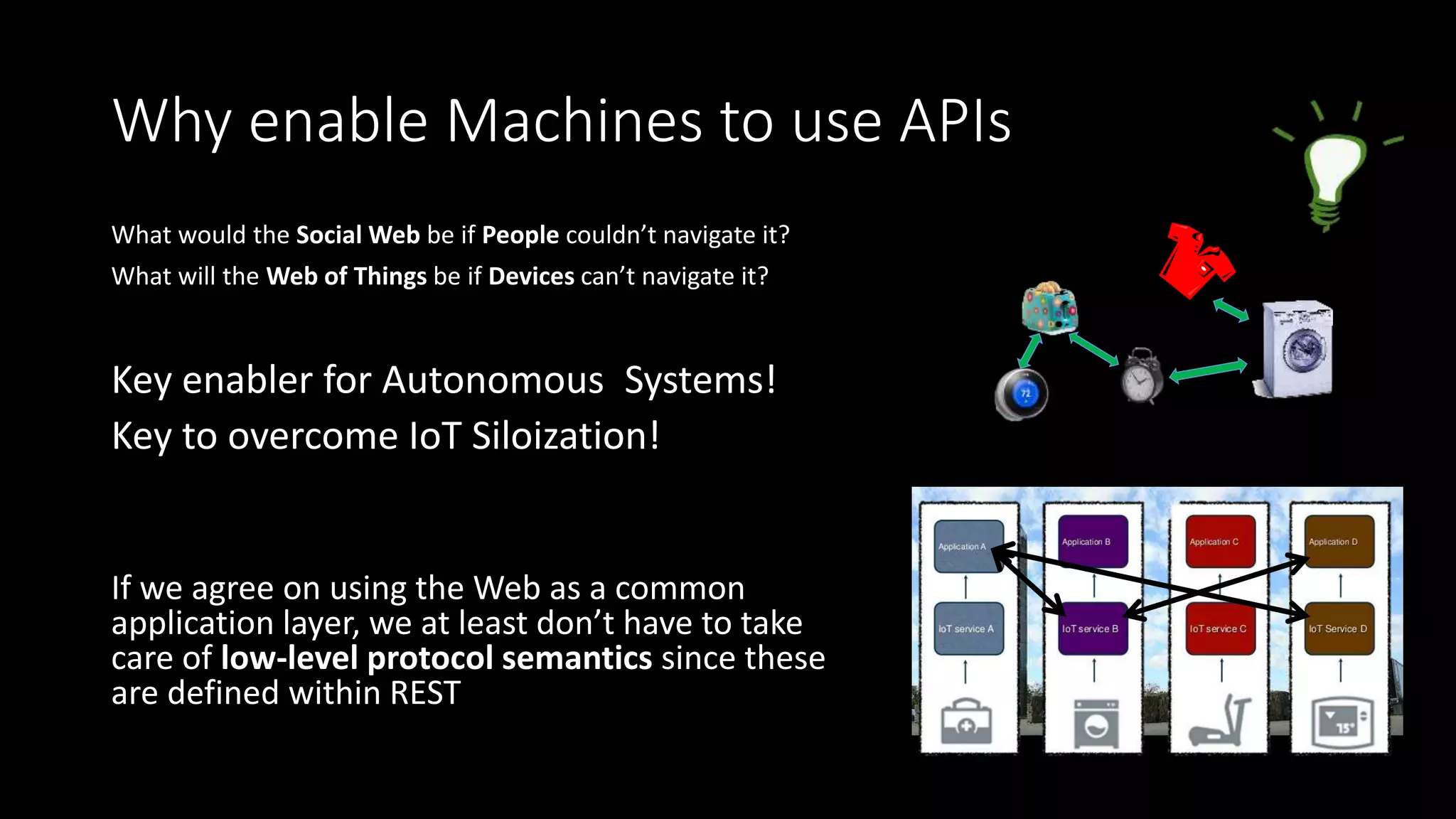 Why enable Machines to use APIs
What would the Social Web be if People couldn’t navigate it?
What will the Web of Things be if Devices can’t navigate it?
Key enabler for Autonomous Systems!
Key to overcome IoT Siloization!
If we agree on using the Web as a common
application layer, we at least don’t have to take
care of low-level protocol semantics since these
are defined within REST
 