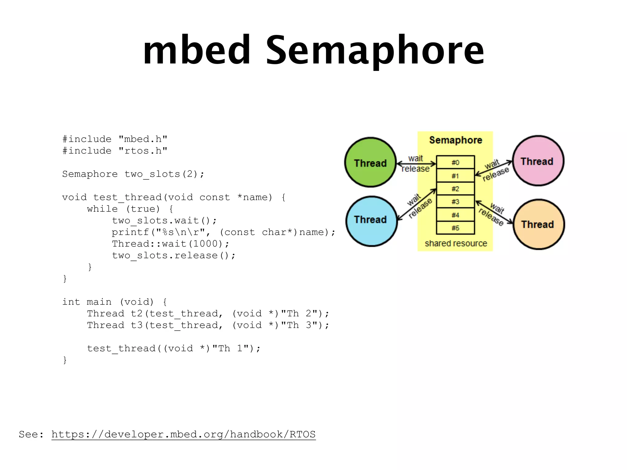 #include "mbed.h"
#include "rtos.h"
Semaphore two_slots(2);
void test_thread(void const *name) {
while (true) {
two_slots.wait();
printf("%snr", (const char*)name);
Thread::wait(1000);
two_slots.release();
}
}
int main (void) {
Thread t2(test_thread, (void *)"Th 2");
Thread t3(test_thread, (void *)"Th 3");
test_thread((void *)"Th 1");
}
mbed Semaphore
See: https://developer.mbed.org/handbook/RTOS
 