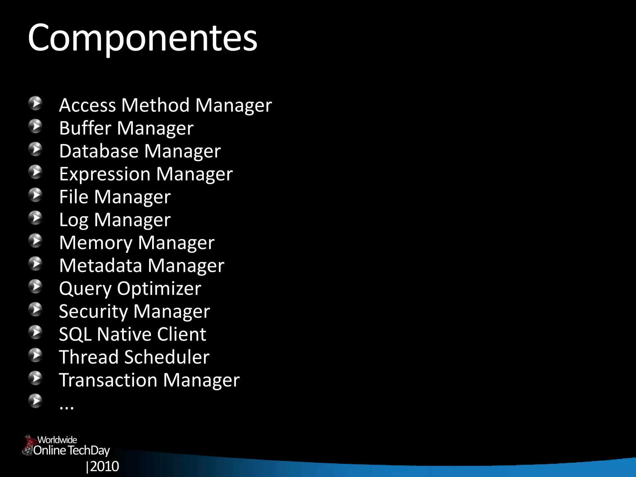 OnlineTechDay
|2010
Worldwide
Componentes
Access Method Manager
Buffer Manager
Database Manager
Expression Manager
File Manager
Log Manager
Memory Manager
Metadata Manager
Query Optimizer
Security Manager
SQL Native Client
Thread Scheduler
Transaction Manager
...
 
