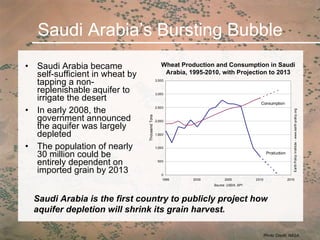 Saudi Arabia’s Bursting Bubble ,[object Object],[object Object],[object Object],Photo Credit: NASA Wheat Production and Consumption in Saudi Arabia, 1995-2010, with Projection to 2013 Saudi Arabia is the first country to publicly project how aquifer depletion will shrink its grain harvest.   