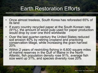 Earth Restoration Efforts <ul><li>Once almost treeless, South Korea has reforested 65% of its land </li></ul><ul><li>If ev...