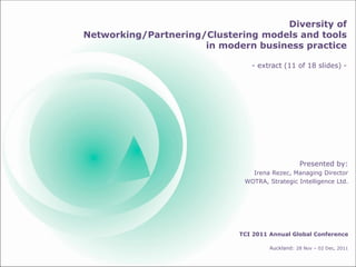 Diversity of
Networking/Partnering/Clustering models and tools
in modern business practice
- extract (11 of 18 slides) -
Presented by:
Irena Rezec, Managing Director
WOTRA, Strategic Intelligence Ltd.
TCI 2011 Annual Global Conference
New Zealand, Auckland: 28 Nov – 02 Dec, 2011
 