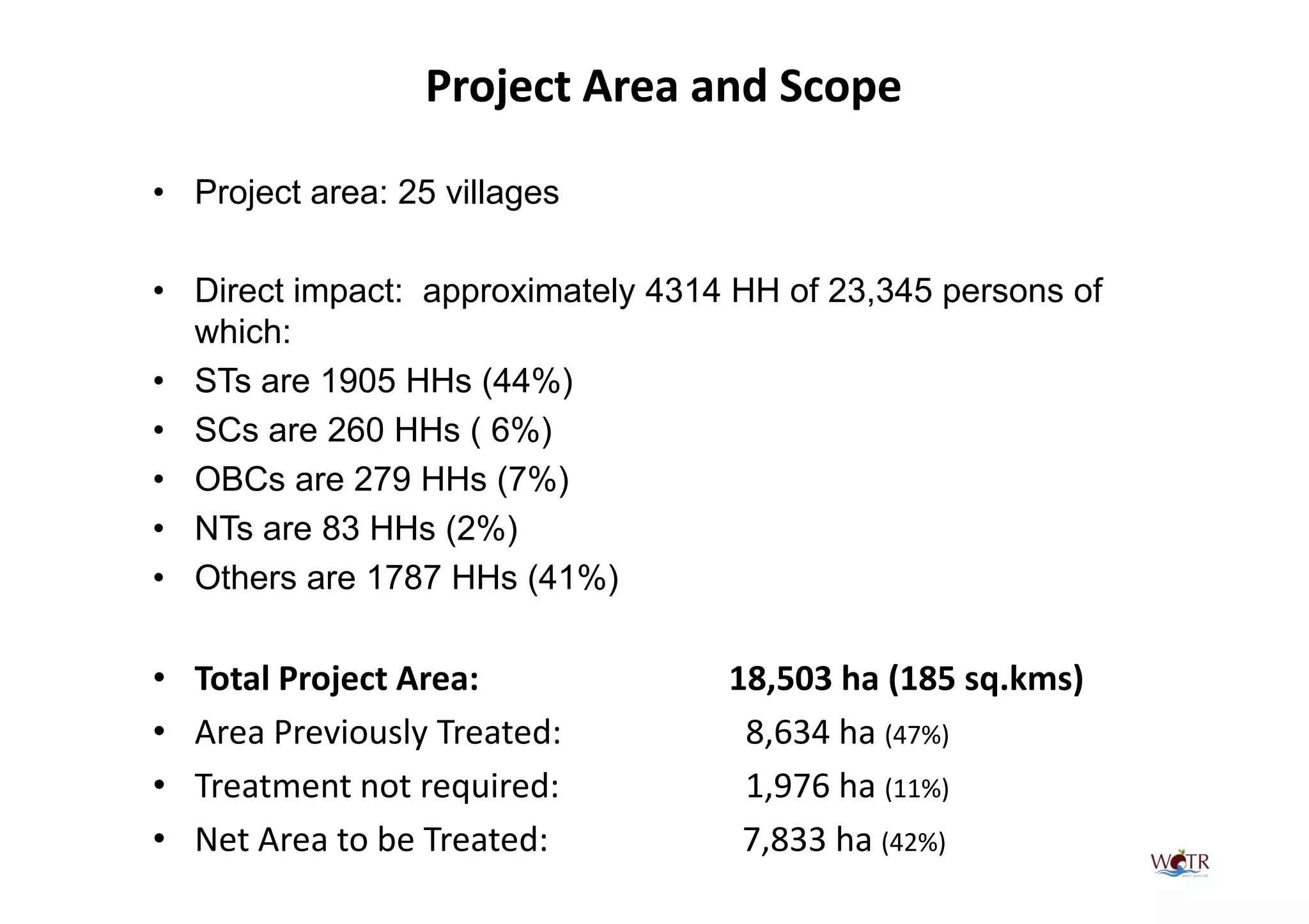 Project Area and Scope

• Project area: 25 villages

• Direct impact: approximately 4314 HH of 23,345 persons of
  which:
• STs are 1905 HHs (44%)
• SCs are 260 HHs ( 6%)
• OBCs are 279 HHs (7%)
• NTs are 83 HHs (2%)
• Others are 1787 HHs (41%)

•   Total Project Area:            18,503 ha (185 sq.kms)
•   Area Previously Treated:        8,634 ha (47%)
•   Treatment not required:         1,976 ha (11%)
•   Net Area to be Treated:         7,833 ha (42%)
 