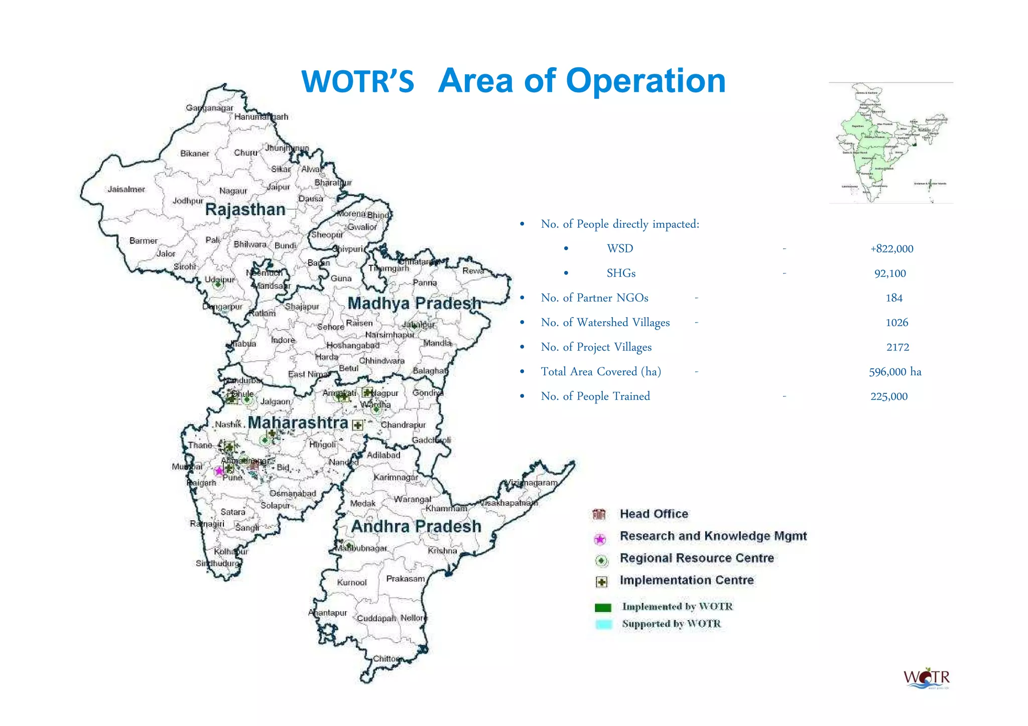 WOTR’S Area of Operation


            • No. of People directly impacted:
                  •        WSD                   -   +822,000
                  •        SHGs                  -    92,100
            • No. of Partner NGOs            -          184
            • No. of Watershed Villages -               1026
            • No. of Project Villages                   2172
            • Total Area Covered (ha)        -       596,000 ha
            • No. of People Trained              -   225,000
 