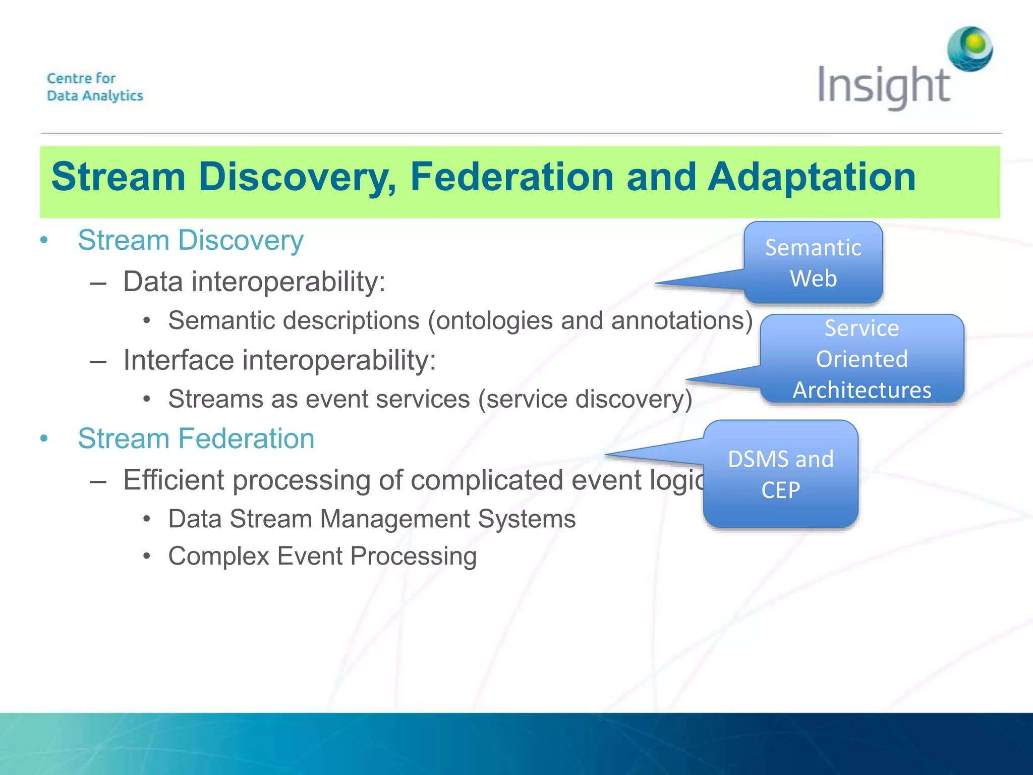 Stream Discovery, Federation and Adaptation
• Stream Discovery
– Data interoperability:
• Semantic descriptions (ontologies and annotations)
– Interface interoperability:
• Streams as event services (service discovery)
• Stream Federation
– Efficient processing of complicated event logics
• Data Stream Management Systems
• Complex Event Processing
Semantic
Web
Service
Oriented
Architectures
DSMS and
CEP
 