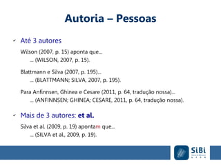 Autoria – Pessoas
✔
Até 3 autores
Wilson (2007, p. 15) aponta que...
... (WILSON, 2007, p. 15).
Blattmann e Silva (2007, p. 195)...
... (BLATTMANN; SILVA, 2007, p. 195).
Para Anfinnsen, Ghinea e Cesare (2011, p. 64, tradução nossa)...
... (ANFINNSEN; GHINEA; CESARE, 2011, p. 64, tradução nossa).
✔
Mais de 3 autores: et al.
Silva et al. (2009, p. 19) apontam que...
... (SILVA et al., 2009, p. 19).
 