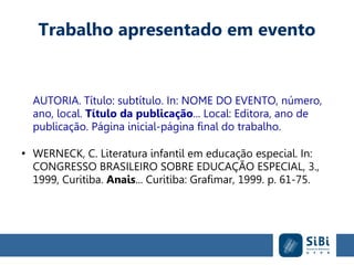 Trabalho apresentado em evento
AUTORIA. Título: subtítulo. In: NOME DO EVENTO, número,
ano, local. Título da publicação... Local: Editora, ano de
publicação. Página inicial-página final do trabalho.
●
WERNECK, C. Literatura infantil em educação especial. In:
CONGRESSO BRASILEIRO SOBRE EDUCAÇÃO ESPECIAL, 3.,
1999, Curitiba. Anais... Curitiba: Grafimar, 1999. p. 61-75.
 