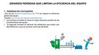 GRANDES PERDIDAS QUE LIMITAN LA EFICIENCIA DEL EQUIPO
1. PERDIDAS EN LOS EQUIPOS
Uno de los objetivos específicos del TPM es mejorar la eficiencia
global del equipo.
Existen dos formas de mejorar esta eficiencia.
• Una primera consiste en sacar el mejor provecho posible de las
características del equipo.
• la segunda consiste en eliminar los obstáculos que evitan una
alta eficiencia y que se conocen como las pérdidas.
 