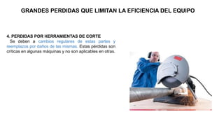 4. PERDIDAS POR HERRAMIENTAS DE CORTE
Se deben a cambios regulares de estas partes y
reemplazos por daños de las mismas. Estas pérdidas son
críticas en algunas máquinas y no son aplicables en otras.
GRANDES PERDIDAS QUE LIMITAN LA EFICIENCIA DEL EQUIPO
 