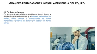 GRANDES PERDIDAS QUE LIMITAN LA EFICIENCIA DEL EQUIPO
10. Perdidas en la gente
Por lo general son debidas a pérdidas de tiempo debido a
desperdicios de movimientos y a métodos ineficientes de
trabajo, como también a distribuciones de planta
ineficientes y pérdidas de tiempo por trabajos en horas
extras.
 