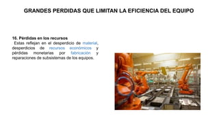 GRANDES PERDIDAS QUE LIMITAN LA EFICIENCIA DEL EQUIPO
16. Pérdidas en los recursos
Estas reflejan en el desperdicio de material,
desperdicios de recursos económicos y
pérdidas monetarias por fabricación y
reparaciones de subsistemas de los equipos.
 