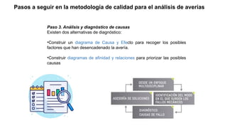 Pasos a seguir en la metodología de calidad para el análisis de averías
Paso 3. Análisis y diagnóstico de causas
Existen dos alternativas de diagnóstico:
•Construir un diagrama de Causa y Efecto para recoger los posibles
factores que han desencadenado la avería.
•Construir diagramas de afinidad y relaciones para priorizar las posibles
causas
 