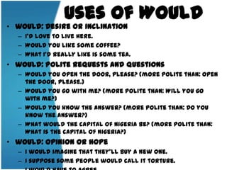 Uses of Would would: Desire or inclinationI'd love to live here.Would you like some coffee? What I'd really like is some tea. would: Polite requests and questions Would you open the door, please? (more polite than: Open the door, please.) Would you go with me? (more polite than: Will you go with me?) Would you know the answer? (more polite than: Do you know the answer?) What would the capital of Nigeria be? (more polite than: What is the capital of Nigeria?) would: Opinion or hopeI would imagine that they'll buy a new one. I suppose some people would call it torture.I would have to agree. I would expect him to come. Since you ask me I'd say the blue one is best. 