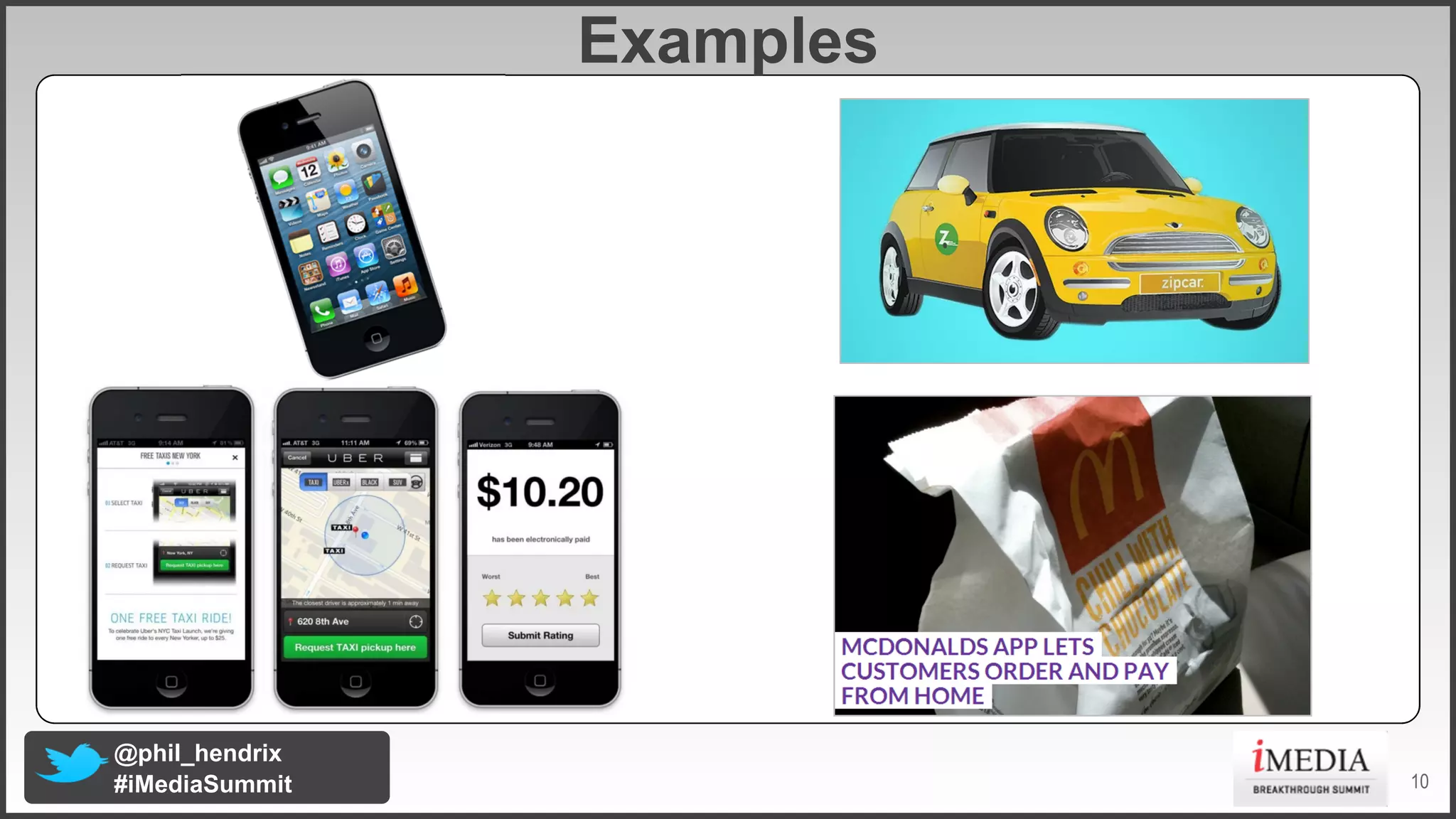 Examples

@phil_hendrix
#iMediaSummit

10

 