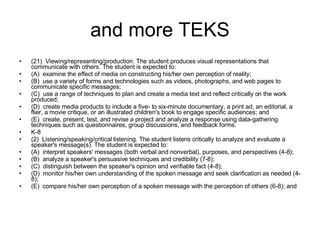 and more TEKS (21)  Viewing/representing/production. The student produces visual representations that communicate with others. The student is expected to: (A)  examine the effect of media on constructing his/her own perception of reality; (B)  use a variety of forms and technologies such as videos, photographs, and web pages to communicate specific messages; (C)  use a range of techniques to plan and create a media text and reflect critically on the work produced; (D)  create media products to include a five- to six-minute documentary, a print ad, an editorial, a flier, a movie critique, or an illustrated children's book to engage specific audiences; and (E)  create, present, test, and revise a project and analyze a response using data-gathering techniques such as questionnaires, group discussions, and feedback forms. K-8 (2)  Listening/speaking/critical listening. The student listens critically to analyze and evaluate a speaker's message(s). The student is expected to: (A)  interpret speakers' messages (both verbal and nonverbal), purposes, and perspectives (4-8); (B)  analyze a speaker's persuasive techniques and credibility (7-8); (C)  distinguish between the speaker's opinion and verifiable fact (4-8); (D)  monitor his/her own understanding of the spoken message and seek clarification as needed (4-8); (E)  compare his/her own perception of a spoken message with the perception of others (6-8); and 