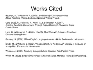 Works Cited Bauman, A., & Peterson, A. (2002).  Breakthrough:Class Discoveries About Teaching Writing . Berkeley: National Writing Project. Caro-Bruce, C., Flessner, R., Klehr, M., & Burmaster, K. (2007). Creating Equitable Classrooms Through Action Research . Thousand Oaks: Corwin Press. Lane, B., & Bernabei, G. (2001).  Why We Must Run with Scissors . Shoreham: Discover Writing Press. Samway, K. (2006).  When English Language Learners Write . Portsmouth: Heinemann. Smith, M., & Wilhelm, J. (2002).  "Reading Don't Fix No Chevys": Literacy in the Lives of Young Men . Portsmouth: Heinemann. Webster, J. (2002).  Teaching through Culture . Houston: Arte Publico Press. Wynn, M. (2005).  Empowering African-American Males . Marietta: Rising Sun Publishing. 