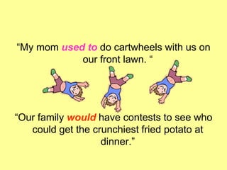 “My mom used to do cartwheels with us on
our front lawn. “
“Our family would have contests to see who
could get the crunchiest fried potato at
dinner.”
 