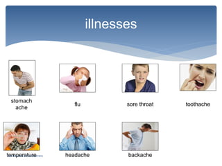 illnesses
stomach
ache
temperature
flu
headache
sore throat
backache
toothache
Luis Roberto Ortiz Guerrero
 