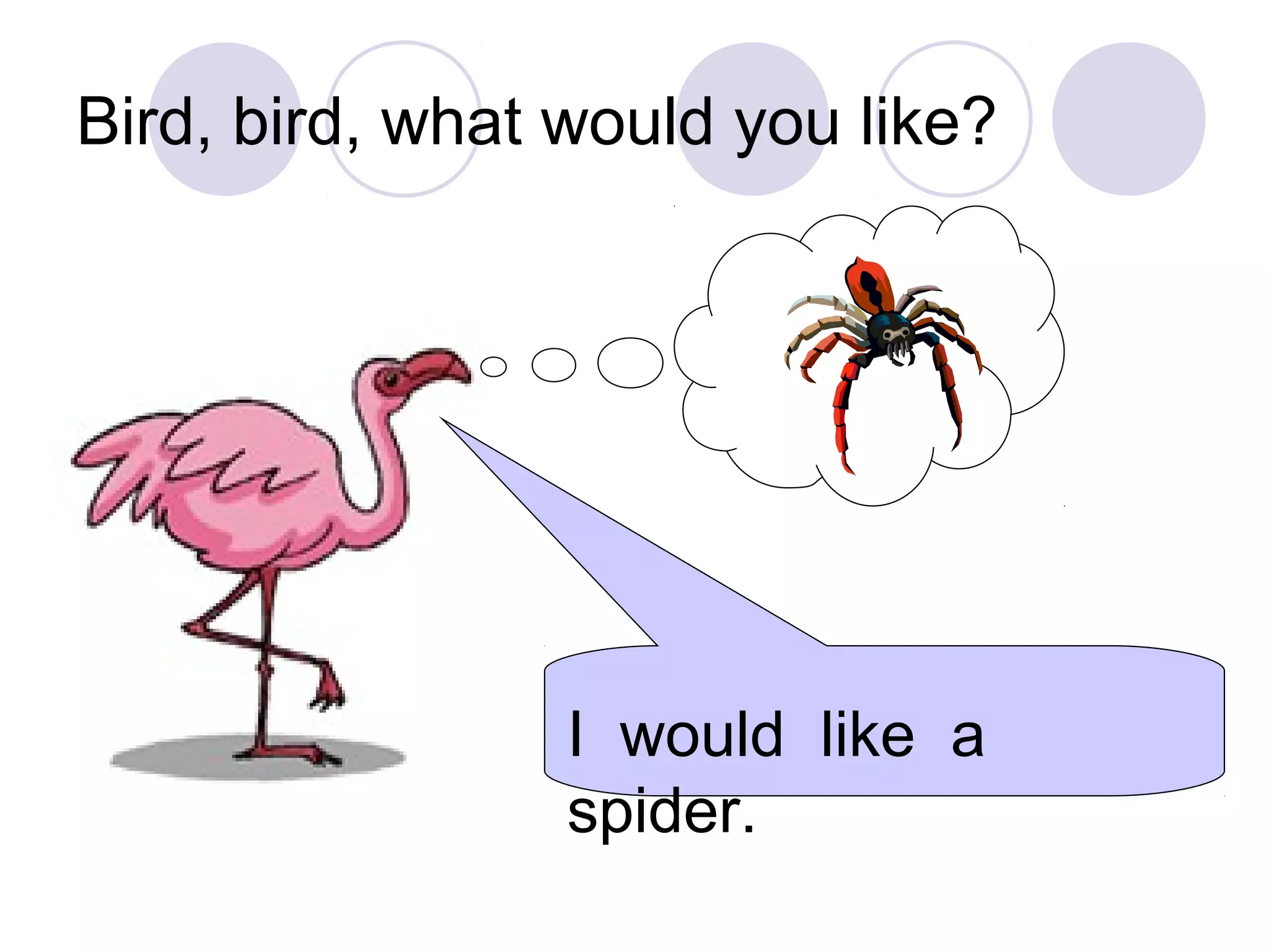 Bird, bird, what would you like?
I would like a
spider.
 