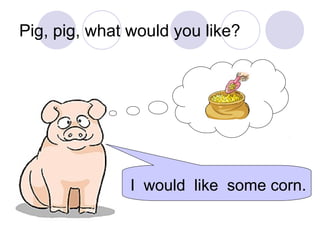 Pig, pig, what would you like?
I would like some corn.
 